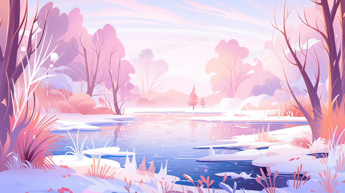 冬季树林里流淌的小河雪景插画