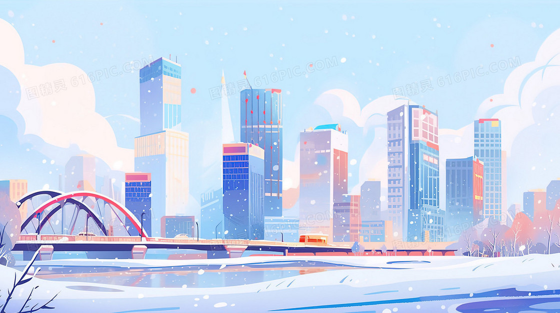 繁荣的城市高楼建筑雪景插画