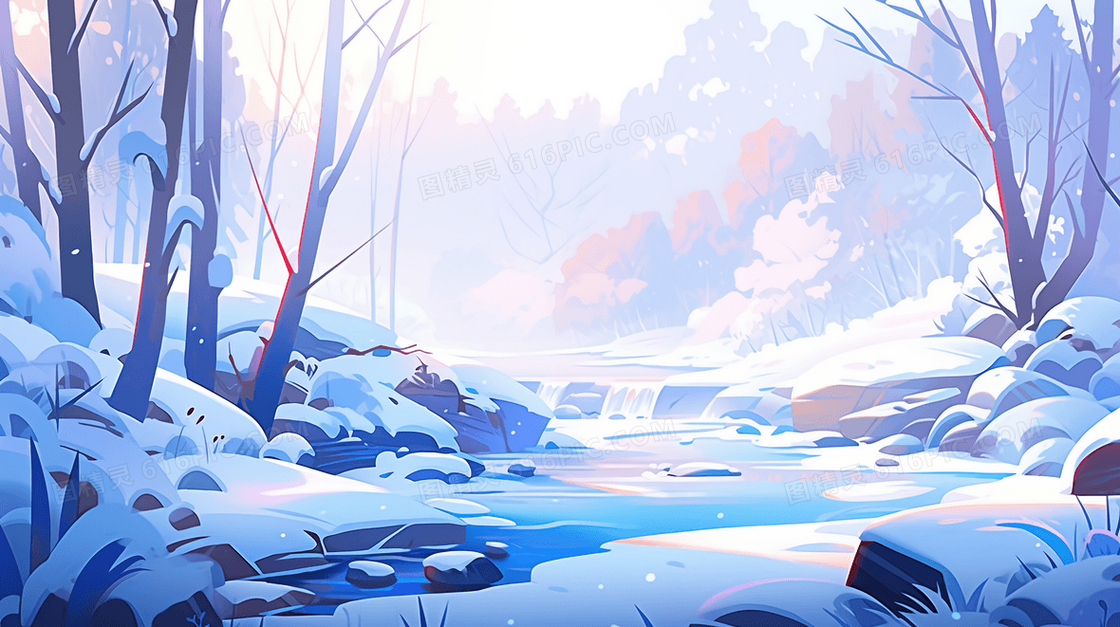 冬季树林里流淌的小河雪景插画