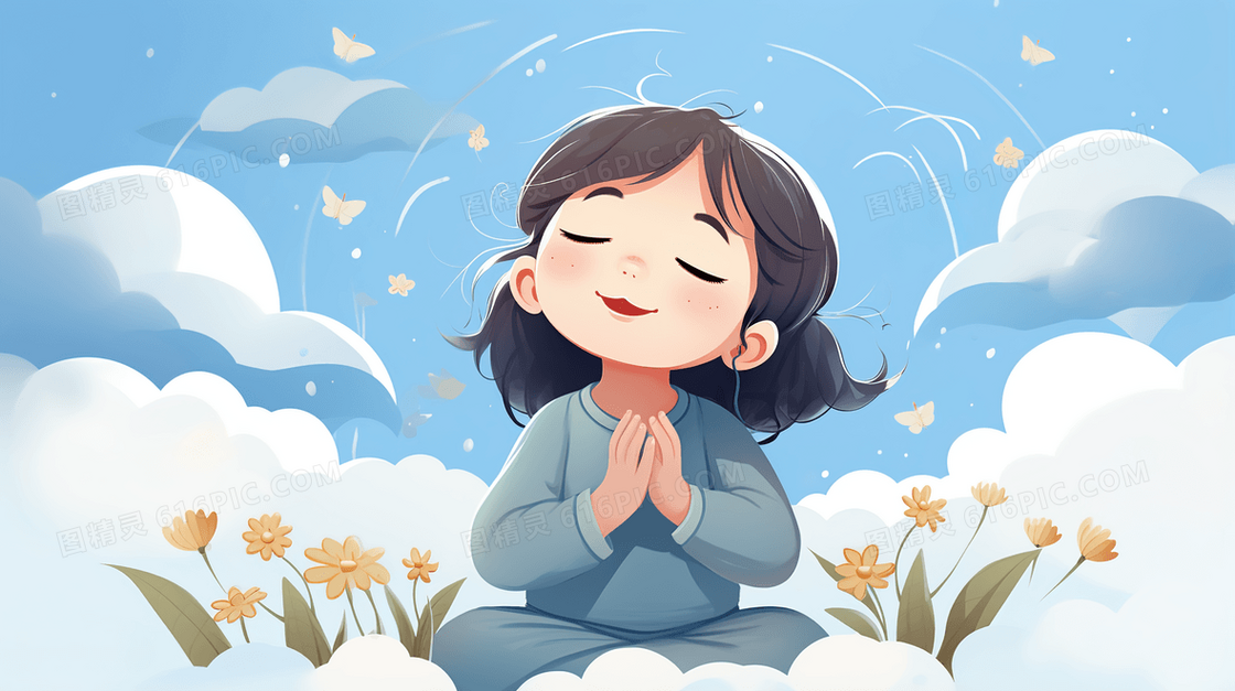 坐在白云花朵中祈祷的小女孩插画