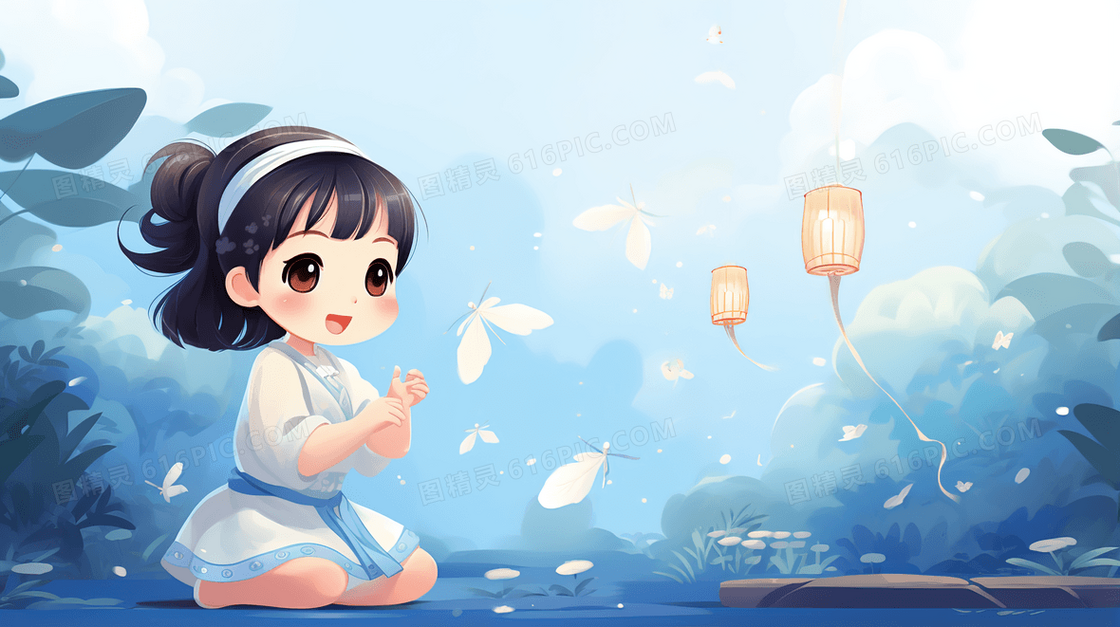 小女孩开心的看着白色蝴蝶精灵插画