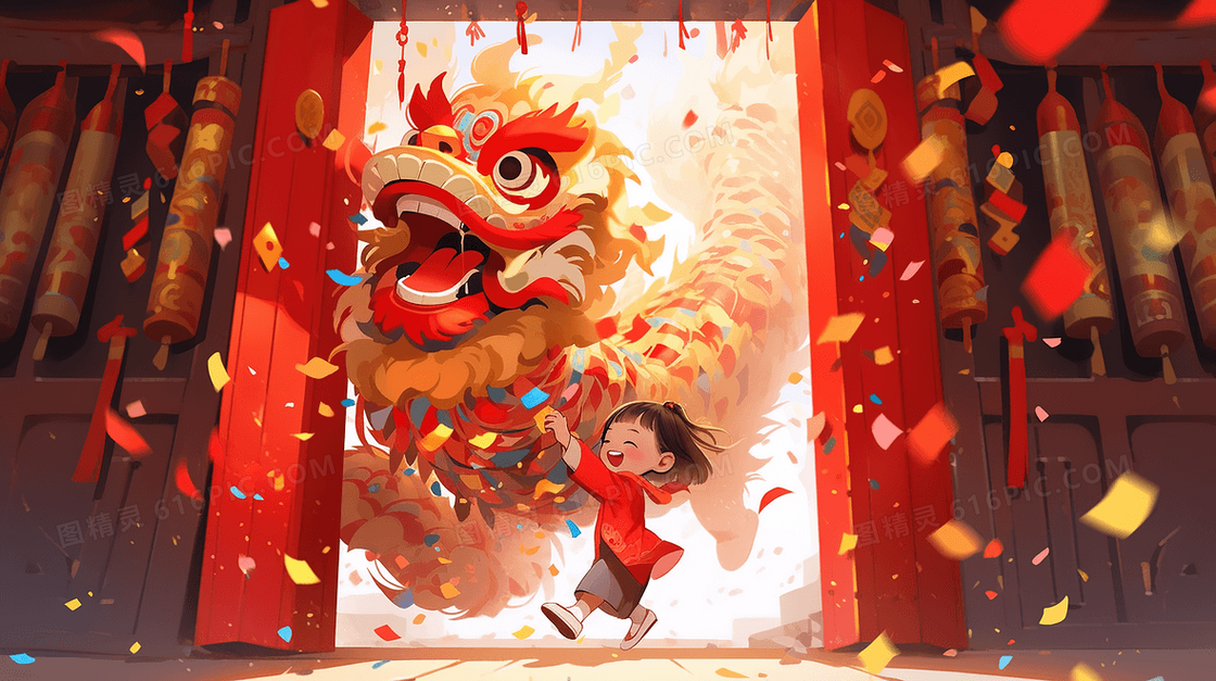 春节大门前醒狮的小女哈孩插画
