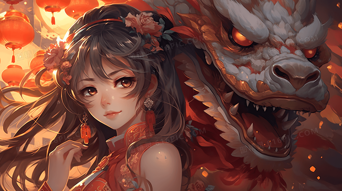 新年少女和龙喜庆2024插画