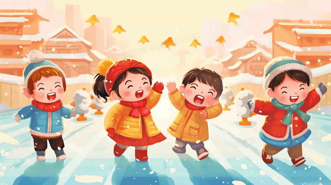 新年喜庆儿童卡通过大年玩耍插画