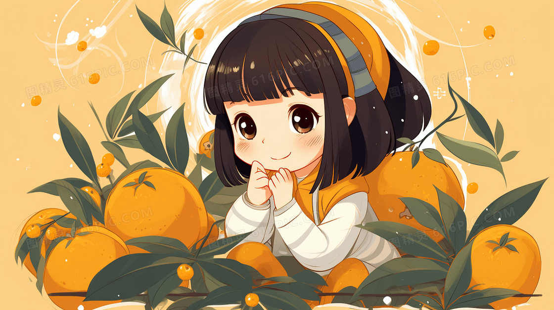 坐在金色大橙子中的可爱小女孩插画