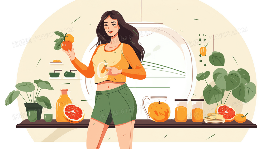 健身女孩健康绿色水果蔬菜饮食插画