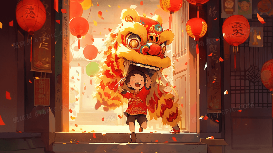 春节大门前醒狮的小女哈孩插画