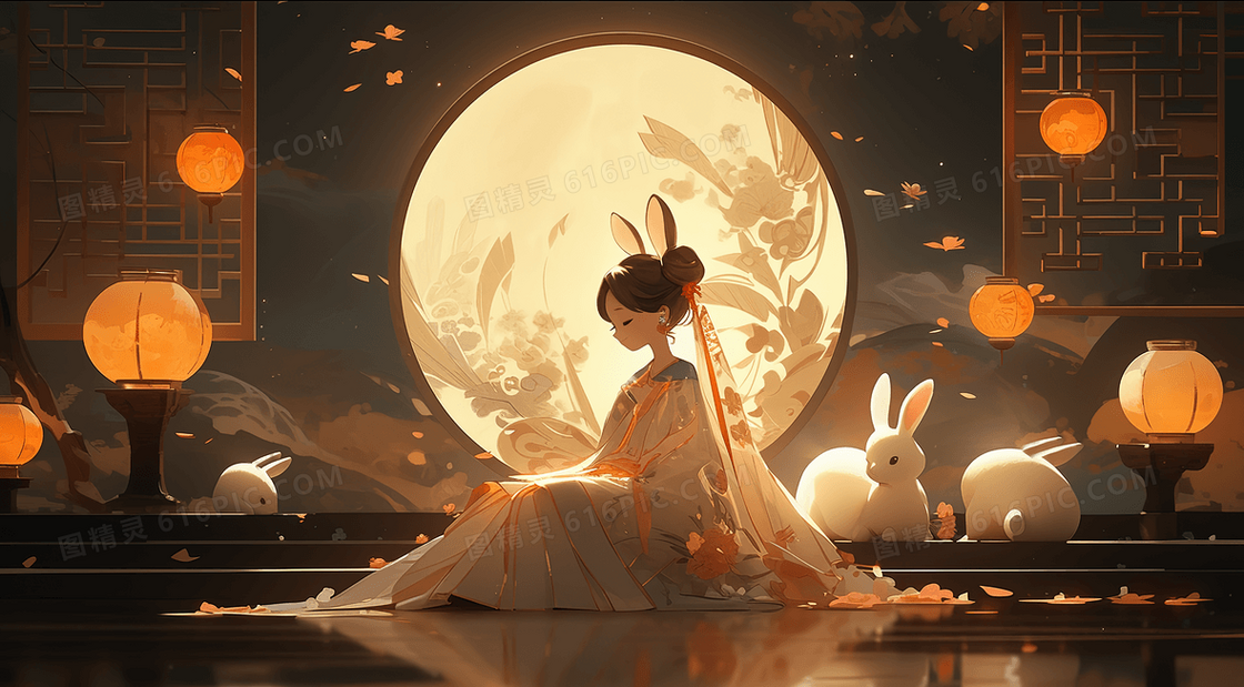 中秋节月光下的嫦娥和玉兔插画