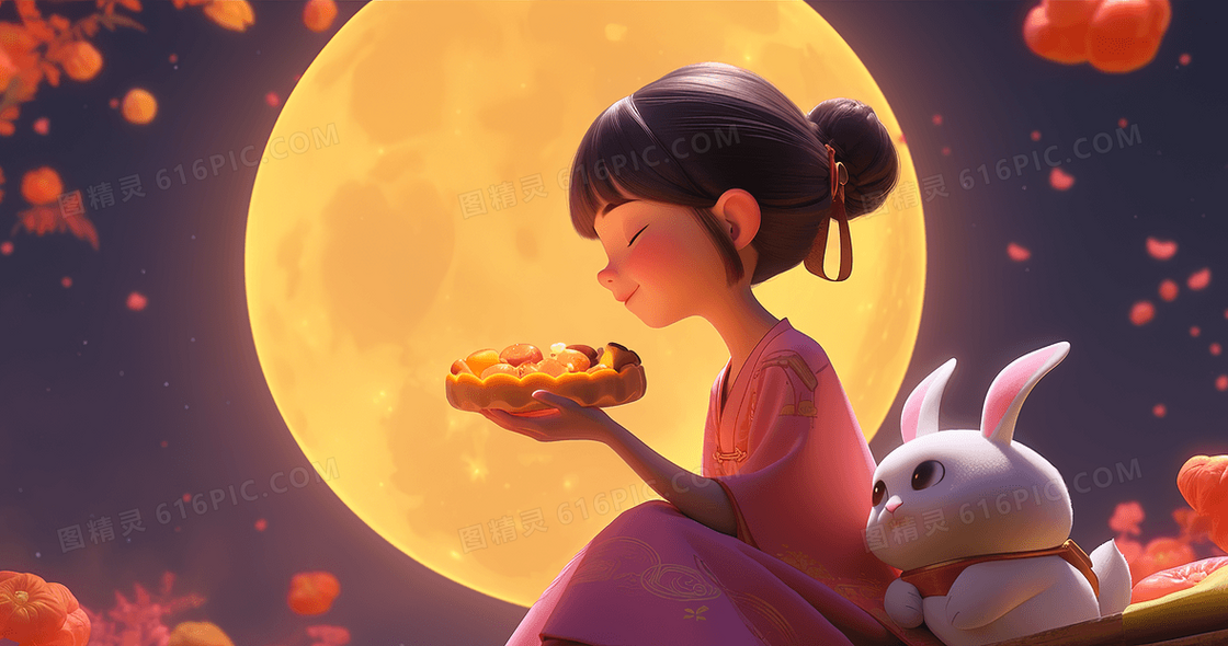 中秋节月光下的嫦娥拿着月饼插画