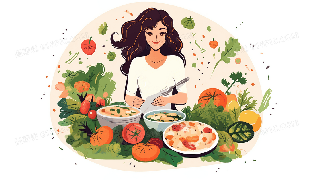 女孩制作绿色健康蔬菜素食饮食插画