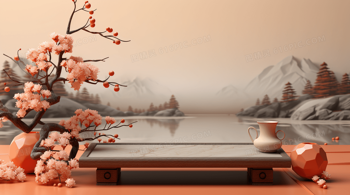 中国风山水画背景茶室概念图片