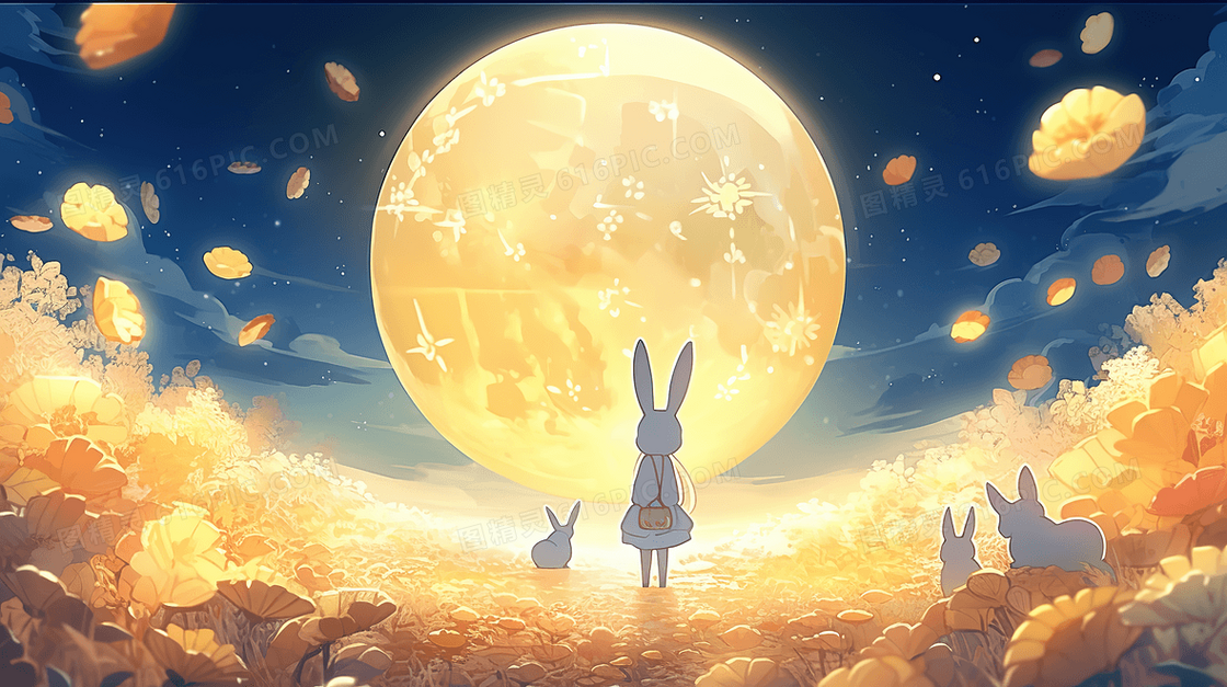中秋节赏月的玉兔插画