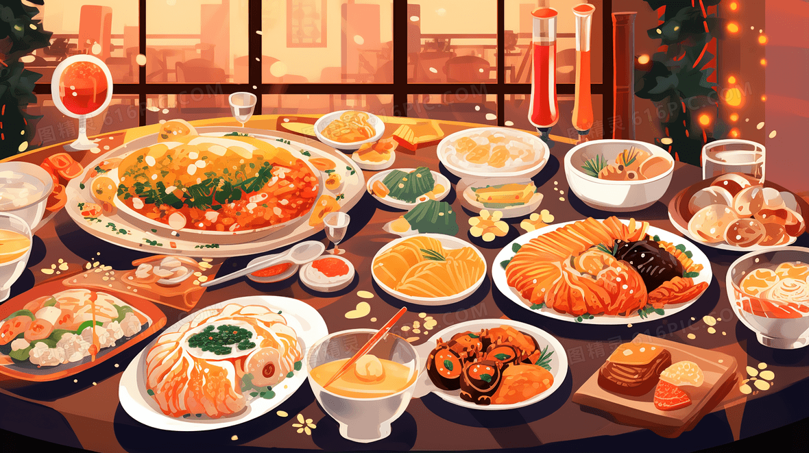 春节欢聚一堂吃满桌美味佳肴团圆饭的孩子们插画