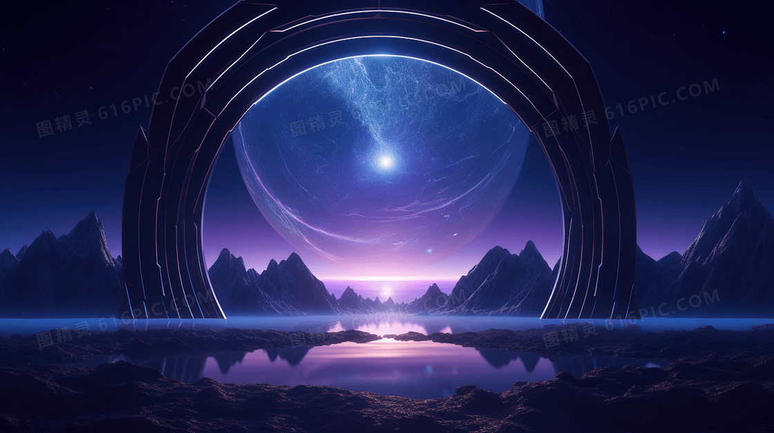 未来主义星空山脉展示框电商插画