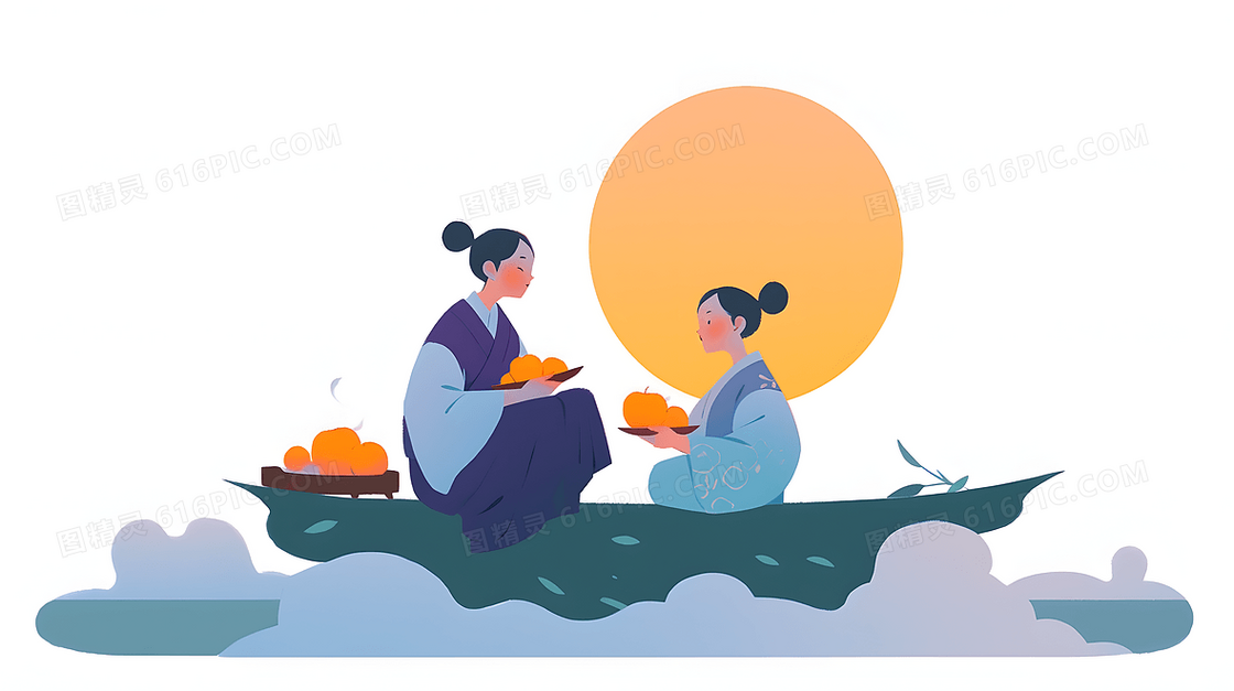 中秋节两个古人月亮下吃月饼创意插画