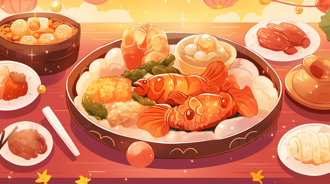 快乐节日丰盛美味的菜肴插画