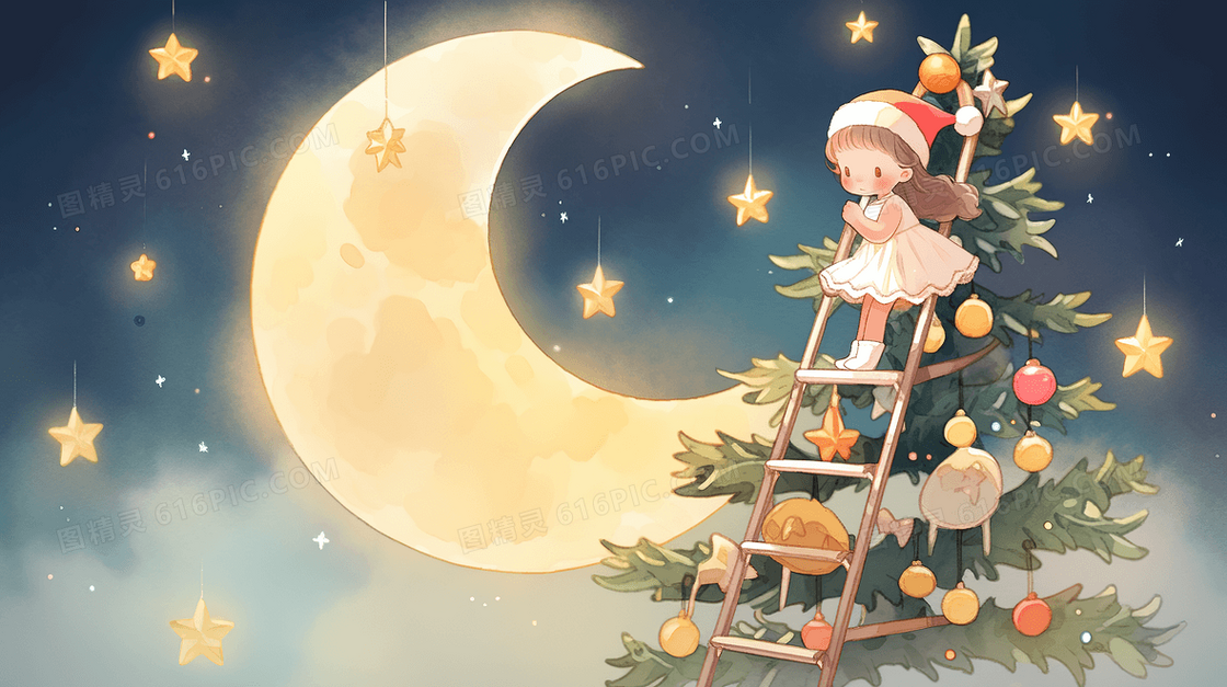 圣诞节装扮圣诞树的小女孩创意插画