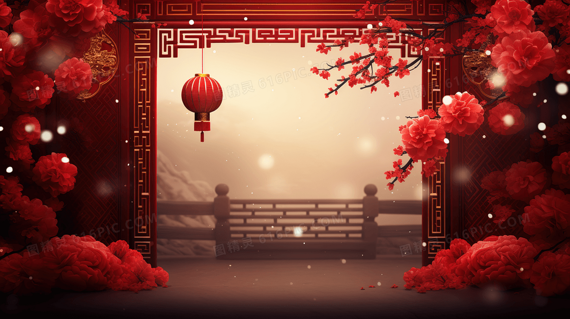 红色中国风盛开的红花舞台造景插画
