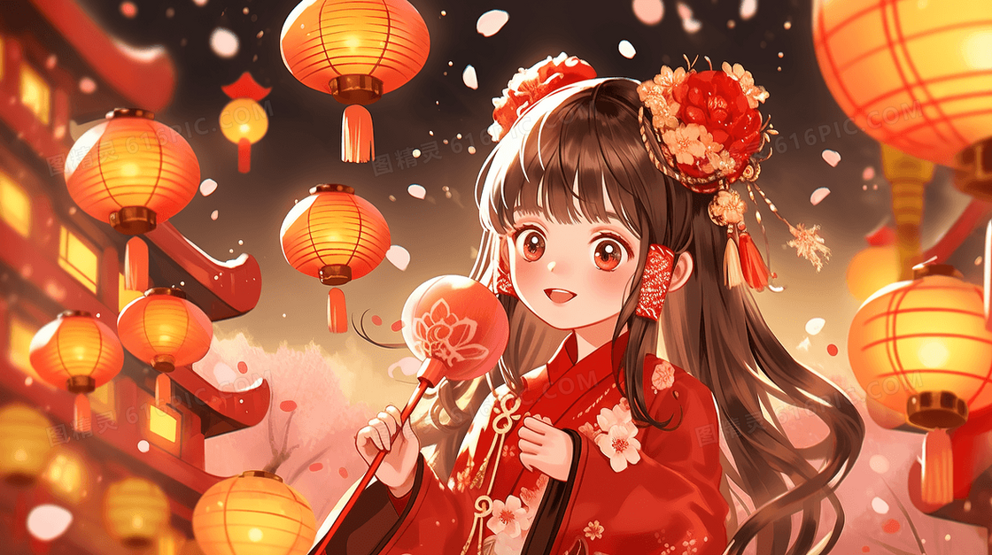 元宵节汉服的女孩逛灯会插画