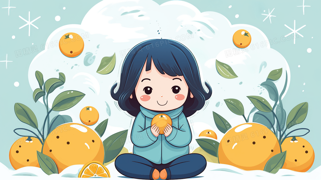坐在橙子果实里的小女孩卡通插画