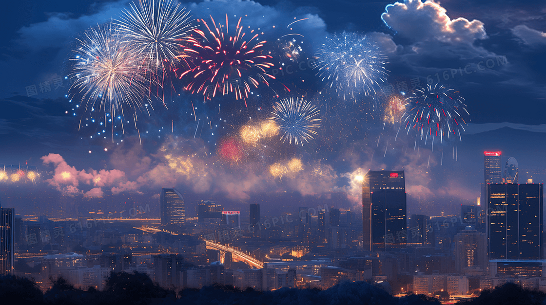 城市夜空放烟花庆祝节日插画