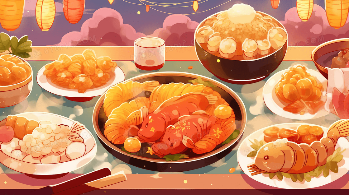 快乐节日丰盛美味的菜肴插画