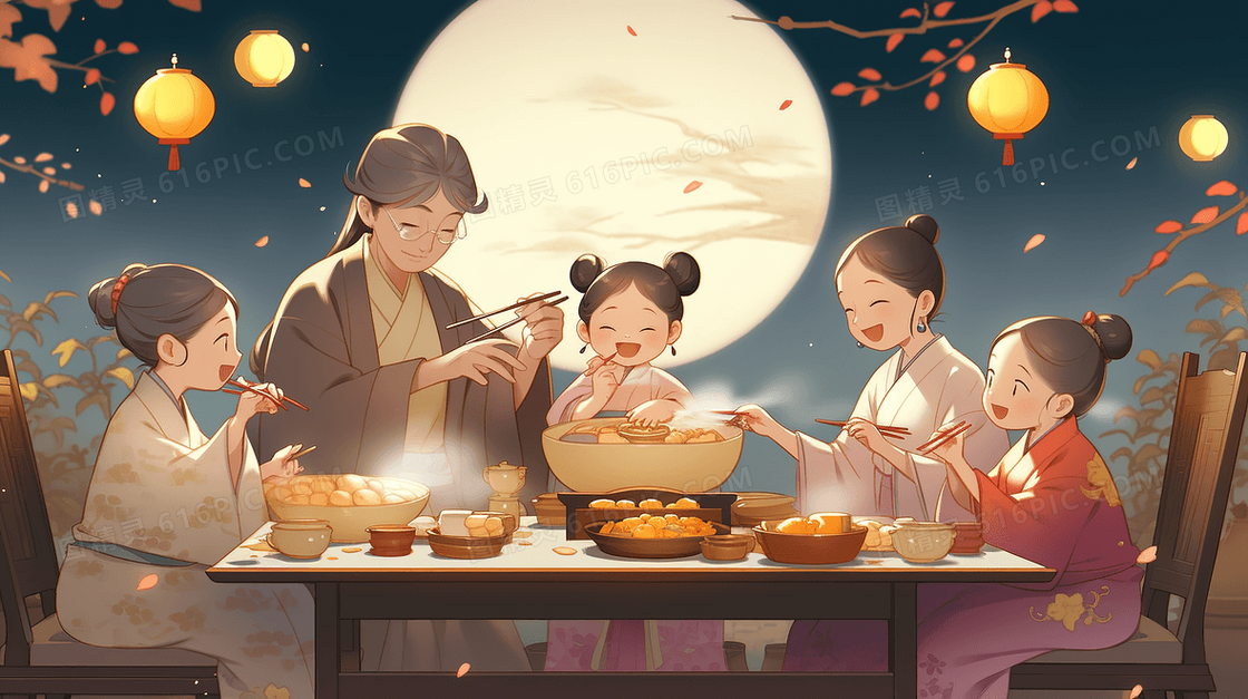 中秋节团圆赏月插画