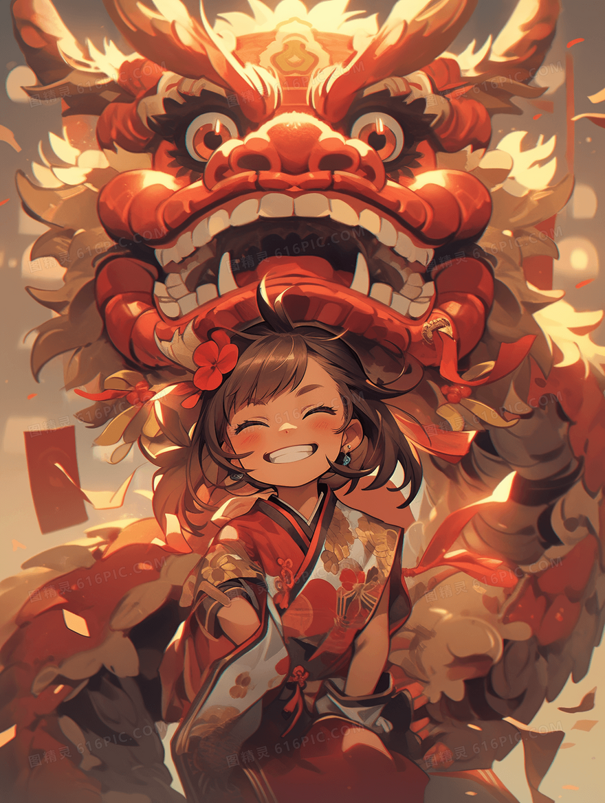 农历新年可爱中国龙与小女孩插画