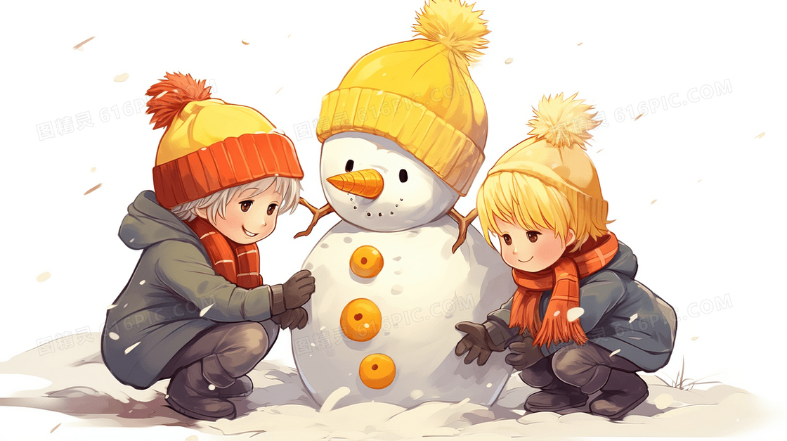 冬天雪地里孩子们在一起堆雪人插画