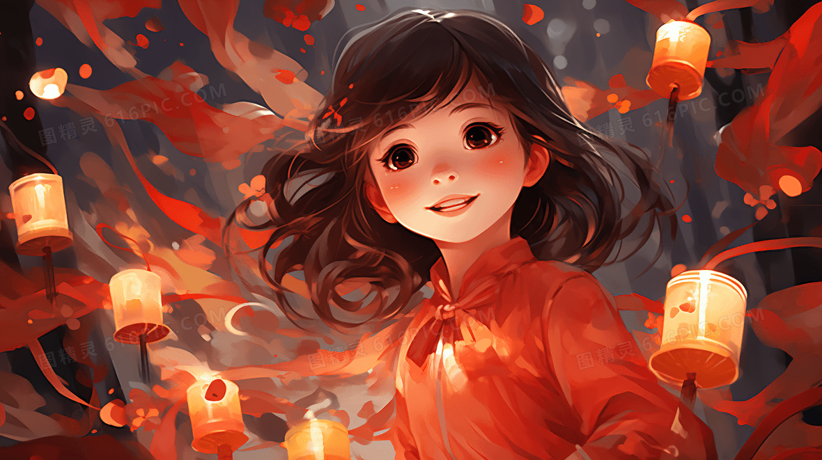 新年小女孩赏灯笼插画