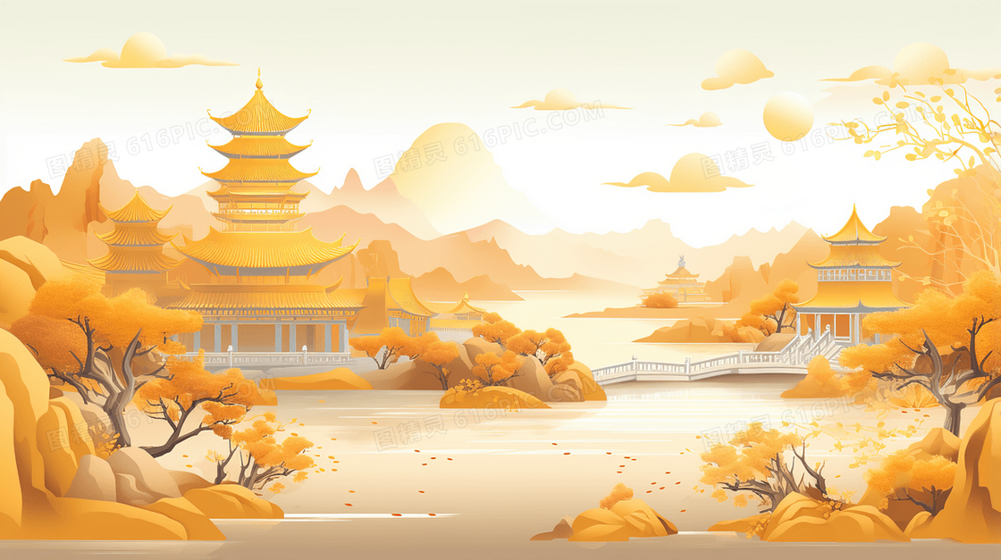 金色中国风恢弘山水建筑风景插画