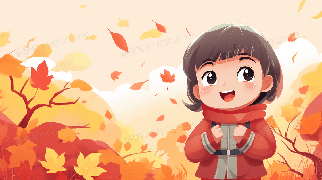 秋天站在金色树林下的小女孩插画