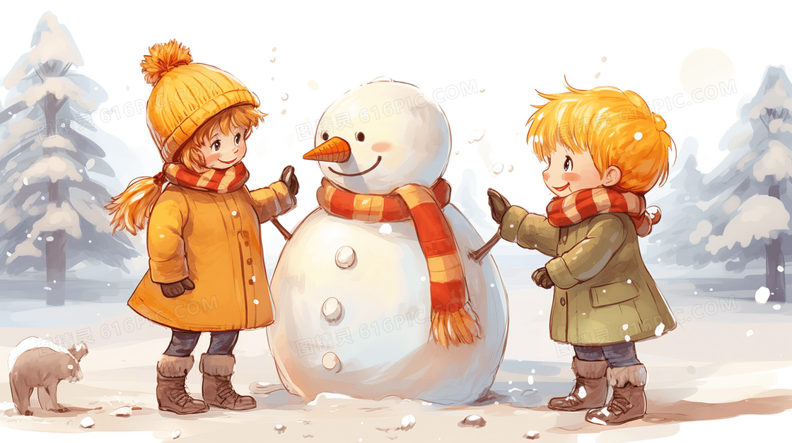 冬天雪地里孩子们在一起堆雪人插画
