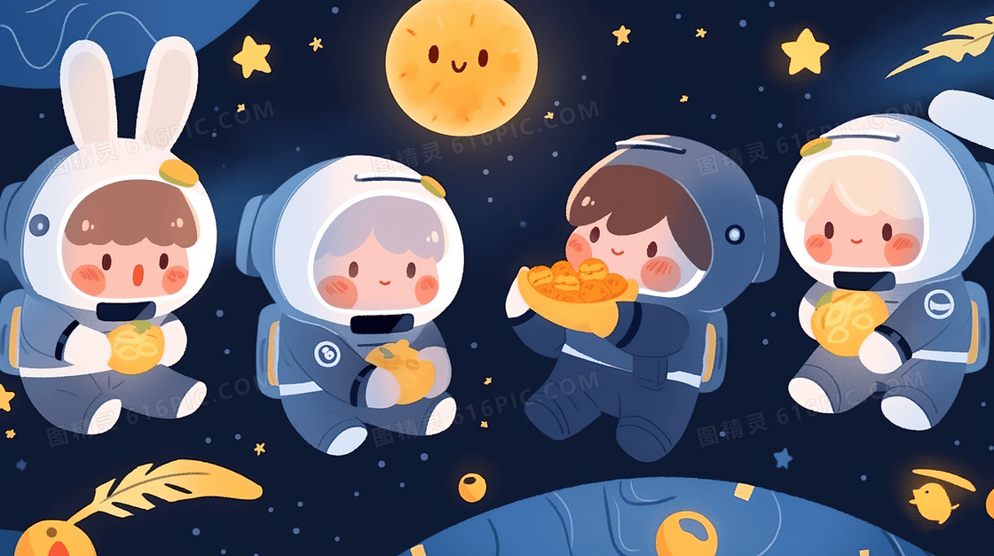 太空中宇航员的中秋节插画