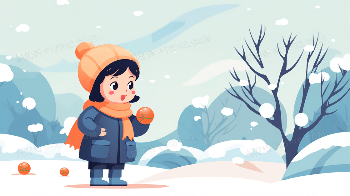 冬天站在雪地里的小女孩插画