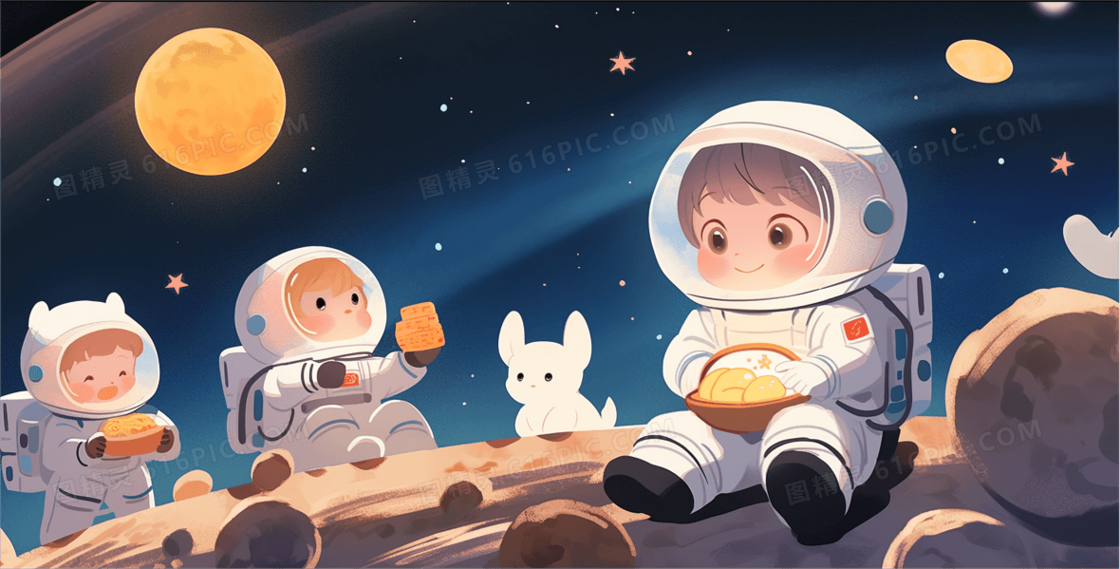 太空中宇航员的中秋节插画