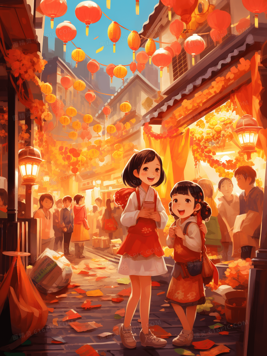 小女孩在春节集市上逛街插画