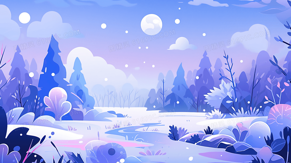 冬季铺满雪的树林小河风景插画
