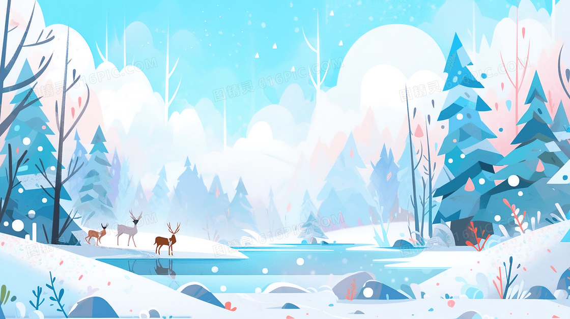 冬季铺满雪的树林小河风景插画