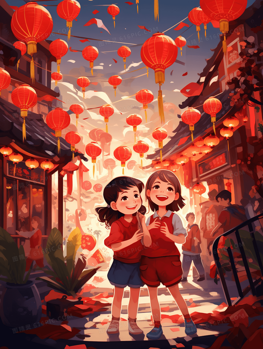 小女孩在春节集市上逛街插画
