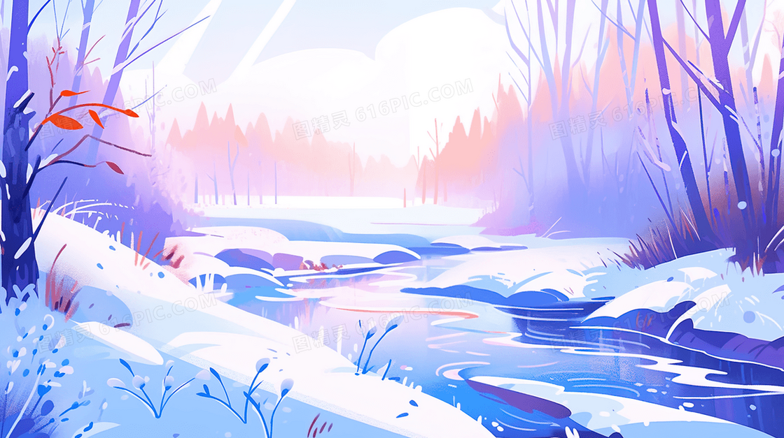 冬季森林山丘雪地梦幻风景插画