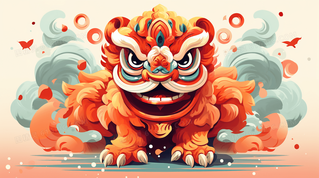 中国风传统舞狮图腾立体彩绘插画