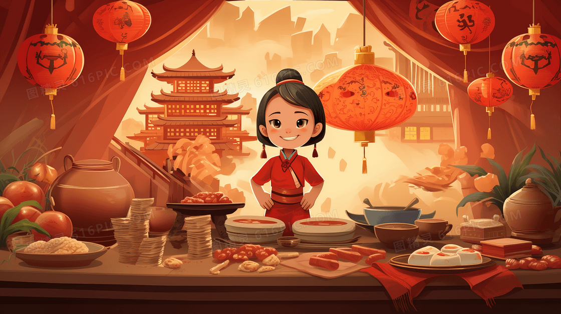 中国古代阁楼里的春节年夜饭插画
