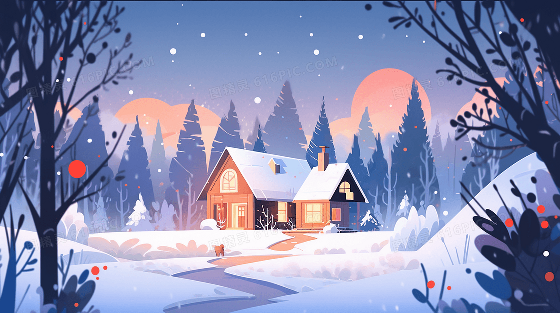 冬季森林山丘雪地梦幻风景插画