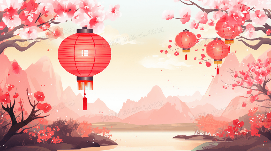 粉色花朵树上挂的灯笼春节山水风景插画