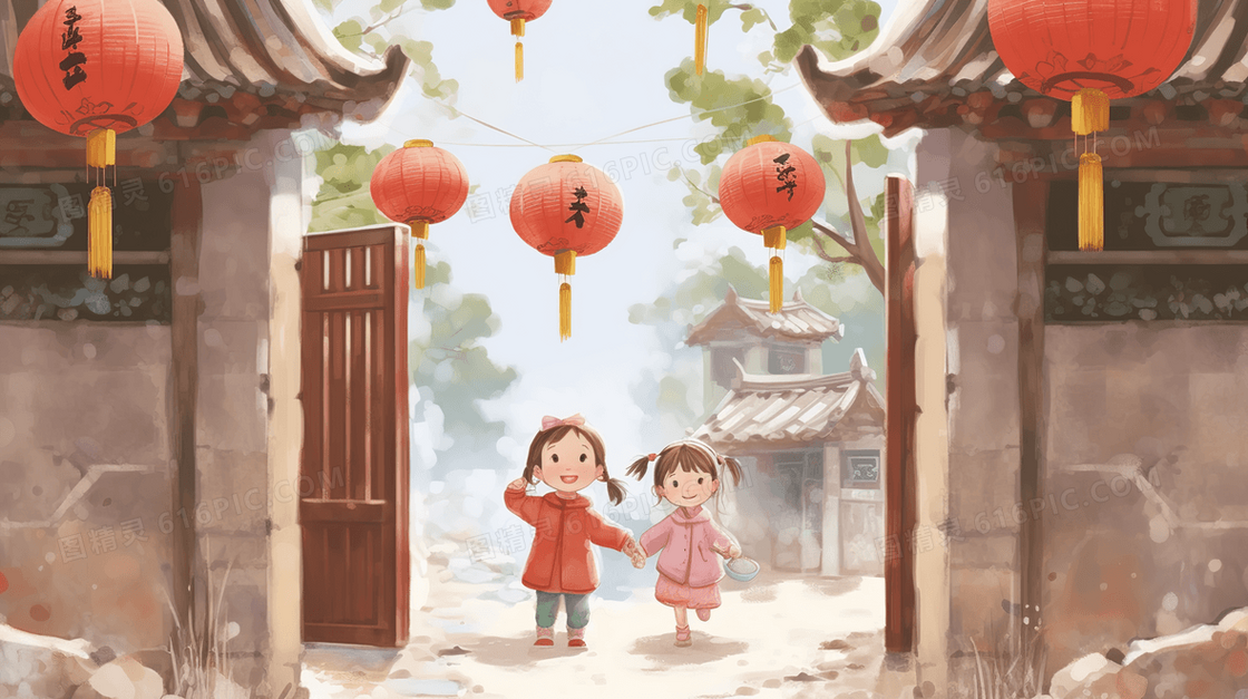 过年在外玩耍的小孩跑回院子童真插画