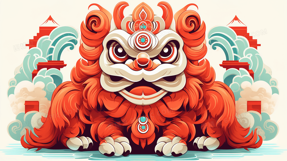 中国风传统舞狮图腾立体彩绘插画