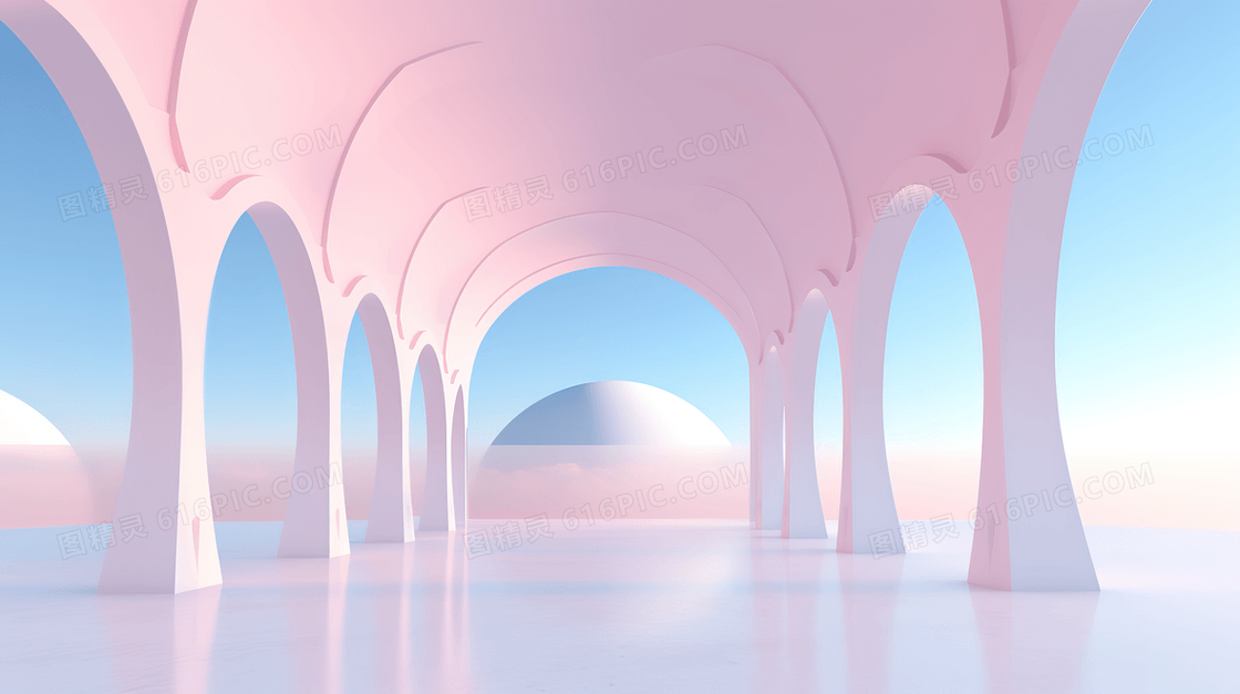 蓝天白云下海边淡粉色拱门建筑概念图片