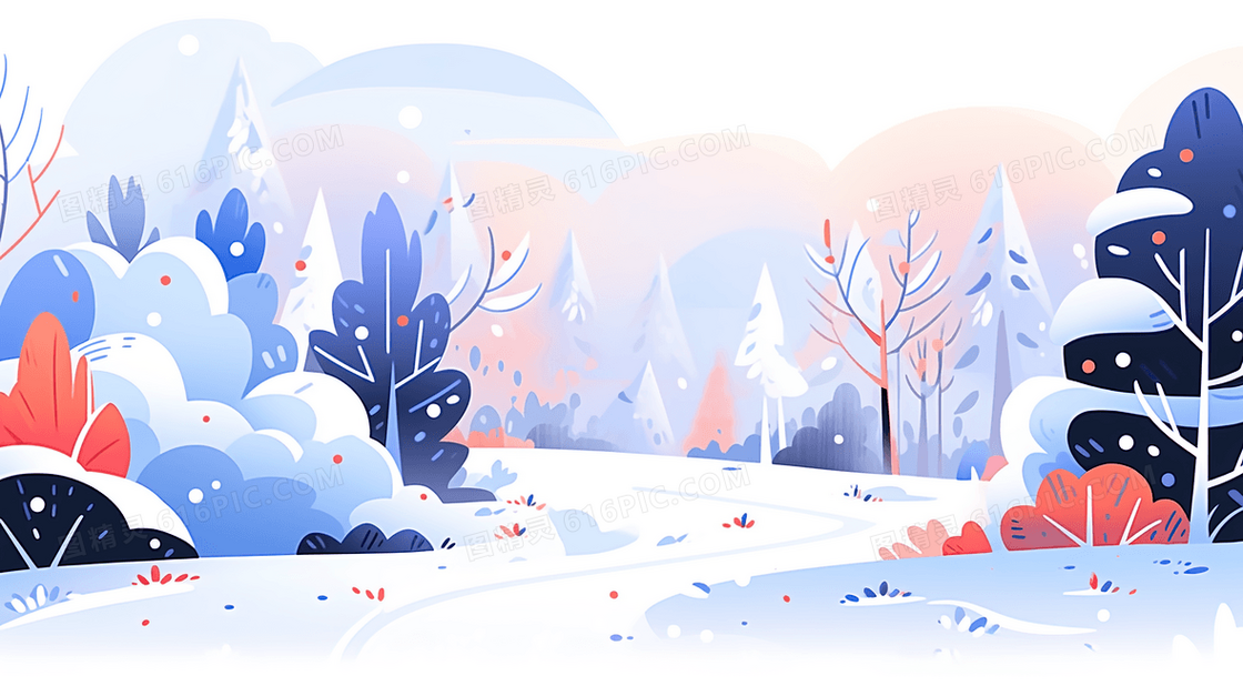 冬季森林山丘雪地风景插画