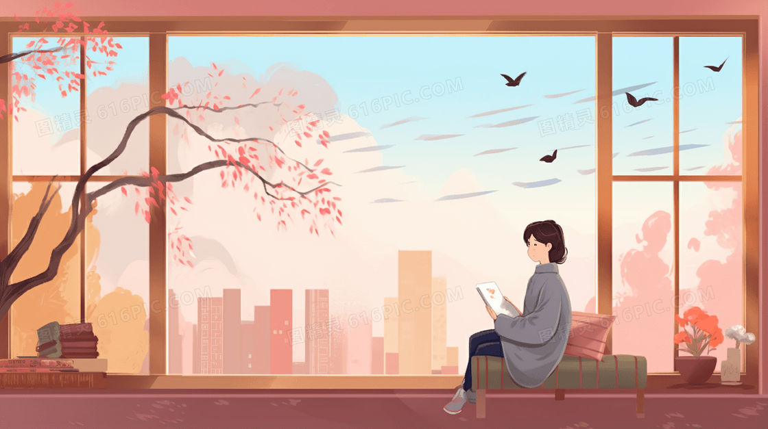 假期在窗台边惬意的看书享受生活场景插画